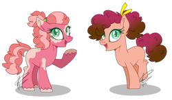 Size: 1280x745 | Tagged: safe, artist:noctis-stella, imported from derpibooru, oc, oc only, earth pony, pony, blank flank, duo, female, green eyes, half-sisters, mare, offspring, parent:big macintosh, parent:cheese sandwich, parent:pinkie pie, parents:cheesepie, parents:pinkiemac, siblings, simple background, sisters, transparent background