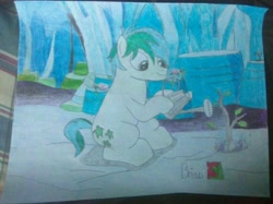 Size: 992x741 | Tagged: safe, artist:brbeginner, imported from derpibooru, sandbar, pony, uprooted, male, sapling, solo, traditional art, watering can