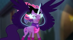 Size: 1080x596 | Tagged: safe, artist:diamond_confetti, imported from derpibooru, twilight sparkle, alicorn, pony, equestria girls, base used, equestria girls ponified, female, glowing horn, horn, mare, midnight sparkle, open mouth, ponified, solo, spread wings, wings