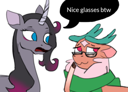 Size: 1001x722 | Tagged: safe, artist:nonameorous, artist:uselessgarbage, imported from derpibooru, cashmere (tfh), oleander, deer, reindeer, unicorn, them's fightin' herds, clothes, cloven hooves, community related, duo, female, glasses, mare, meganekko, oleander (tfh), scarf, simple background, speech bubble, white background, word balloon