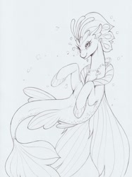 Size: 1238x1654 | Tagged: safe, artist:longinius, imported from derpibooru, queen novo, seapony (g4), my little pony: the movie, blushing, bubble, crown, female, fin wings, fins, fish tail, heart, jewelry, monochrome, necklace, pretty, queen, regalia, seashell necklace, simple background, smiling, solo, tail, traditional art, underwater, white background, wings