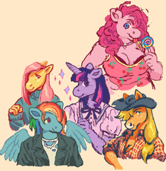 Size: 2985x3067 | Tagged: safe, artist:cckatoo, artist:marlomogensen, imported from derpibooru, applejack, fluttershy, pinkie pie, rainbow dash, rarity, twilight sparkle, anthro, earth pony, pegasus, unicorn, blouse, candy, cherry, clothes, coat, drawpile, dress, food, lollipop, mane six, orange background, ribbon, shirt, simple background, sparkles, sweater, torn clothes