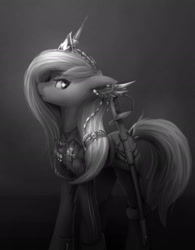 Size: 1634x2094 | Tagged: safe, artist:g-haze, imported from derpibooru, oc, oc only, oc:regenfall, pony, fanfic:the flower mare, clothes, crown, ear piercing, earring, fanfic art, female, germany, grayscale, hair over one eye, iron cross, jewelry, medals, monochrome, piercing, regalia, solo, sword, uniform, weapon, world war i