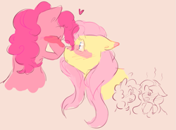 Size: 887x652 | Tagged: safe, artist:marshukitty, imported from derpibooru, fluttershy, pinkie pie, earth pony, pegasus, pony, blushing, boop, bust, eyes closed, female, flutterpie, heart, lesbian, noseboop, pink background, shipping, simple background, swirly eyes