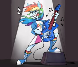 Size: 1408x1222 | Tagged: safe, artist:klhpyro, imported from derpibooru, rainbow dash, equestria girls, rainbow rocks, awesome as i want to be, boots, clothes, coat, electric guitar, female, guitar, music notes, musical instrument, ponied up, shirt, shoes, skirt, sneakers, solo, spotlight, tongue out