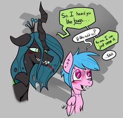 Size: 1728x1659 | Tagged: safe, artist:shelbysmol, imported from derpibooru, queen chrysalis, oc, oc:cassettepony, changeling, changeling queen, pegasus, pony, bust, dialogue, duo, female, pegasus oc, stitches, tongue out, vulgar, wings