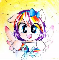 Size: 2283x2325 | Tagged: safe, artist:liaaqila, imported from derpibooru, rainbow dash, oc, oc only, oc:qilala, pegasus, pony, bow, cute, daaaaaaaaaaaw, drawing, female, filly, floppy ears, hair bow, ocbetes, paper, pegasus oc, solo, traditional art, younger