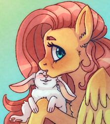 Size: 2400x2700 | Tagged: safe, artist:theswingingcat, imported from derpibooru, angel bunny, fluttershy, pegasus, pony, rabbit, animal, bust, chest fluff, duo, female, looking at you, male, mare, paw pads, paws, profile, underpaw, wings