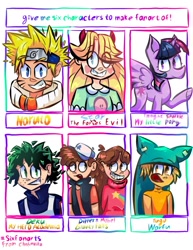 Size: 1280x1657 | Tagged: safe, artist:clubmnika, imported from derpibooru, twilight sparkle, alicorn, human, six fanarts, bust, crossover, dipper pines, female, gravity falls, grin, hat, izuku midoriya, mabel pines, male, mare, my hero academia, naruto, raised hoof, smiling, star butterfly, star vs the forces of evil, twilight sparkle (alicorn), underhoof, wakfu, yugo