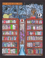 Size: 2514x3274 | Tagged: safe, artist:oatmeal155, imported from derpibooru, comic:oat.meal, book, bookshelf, comic, library, rain, skull, traditional art