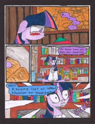 Size: 2509x3281 | Tagged: safe, artist:oatmeal155, imported from derpibooru, twilight sparkle, pony, unicorn, comic:oat.meal, blushing, book, bookshelf, bust, clothes, comic, ever emerald manor, library, portrait, surprised, traditional art, unicorn twilight