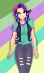 Size: 1276x2126 | Tagged: safe, artist:anonix123, imported from derpibooru, starlight glimmer, equestria girls, mirror magic, spoiler:eqg specials, beanie, clothes, female, hat, human coloration, looking at you, pants, smiling, solo