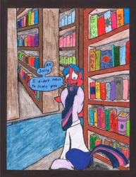 Size: 2512x3262 | Tagged: safe, artist:oatmeal155, imported from derpibooru, twilight sparkle, oc, oc:crimson maroon, pony, unicorn, comic:oat.meal, book, bookshelf, clothes, comic, dialogue, ever emerald manor, library, traditional art, unicorn twilight