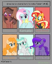 Size: 1080x1325 | Tagged: safe, artist:cool_karen1, imported from derpibooru, kerfuffle, pear butter, sunset shimmer, oc, oc:minty light, earth pony, pegasus, pony, unicorn, six fanarts, rainbow roadtrip, :d, clothes, eyelashes, female, hairpin, looking down, mare, open mouth, raised hoof, smiling