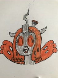 Size: 4032x3024 | Tagged: safe, artist:whistle blossom, imported from derpibooru, oc, oc:queen beehive, changeling queen, changeling queen oc, crown, cute, diabeehive, female, jewelry, laughing, mare, marker drawing, open mouth, orange changeling, regalia, simple background, smiling, solo, traditional art, whistle blossom is trying to murder us, white background