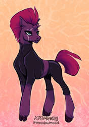 Size: 2620x3715 | Tagged: safe, artist:meadowmood, imported from derpibooru, tempest shadow, pony, unicorn, abstract background, broken horn, clothes, cloven hooves, eye scar, female, high res, horn, mare, scar, signature, solo, unshorn fetlocks