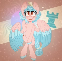 Size: 1280x1267 | Tagged: safe, artist:softcubes, imported from derpibooru, cozy glow, pegasus, pony, abstract background, both cutie marks, chess piece, colored hooves, colored wings, colored wingtips, female, freckles, golly, signature, smiling, solo, speedpaint available