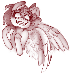 Size: 960x1015 | Tagged: safe, artist:softcubes, imported from derpibooru, cozy glow, pegasus, pony, bust, crazy glow, evil grin, female, grin, insanity, monochrome, portrait, shrunken pupils, signature, smiling, solo