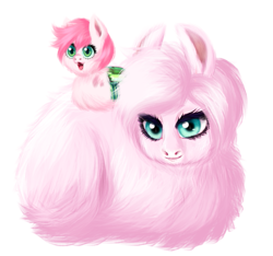 Size: 689x646 | Tagged: safe, artist:unoriginai, imported from derpibooru, oc, oc only, oc:fluffle puff, oc:love bug, hybrid, cute, cute little fangs, duo, fangs, fluffy, interspecies offspring, magical lesbian spawn, offspring, parent:oc:fluffle puff, parent:queen chrysalis, parents:canon x oc, parents:chrysipuff, realistic, simple background, transparent background