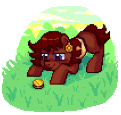 Size: 638x606 | Tagged: safe, artist:hikkage, imported from derpibooru, oc, oc only, oc:ruby rouge, pony, colt quest, bit, bits, coin, crouching, eyes on the prize, pixel art, simple background, solo, white background