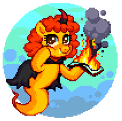 Size: 637x632 | Tagged: safe, artist:hikkage, imported from derpibooru, oc, oc only, oc:pipadeaxkor, demon, demon pony, original species, colt quest, fire, freedom, pixel art, simple background, solo, white background