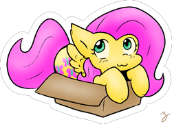 Size: 659x477 | Tagged: safe, artist:zutcha, imported from derpibooru, fluttershy, pegasus, pony, :3, aside glance, box, cute, female, flutterbox, if i fits i sits, looking at you, looking up, outline, pony in a box, shyabetes, simple background, solo, three quarter view, transparent background, white outline, wings