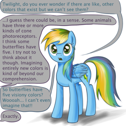 Size: 500x500 | Tagged: safe, artist:ohthatandy, imported from derpibooru, rainbow dash, comic:ask mentally advanced twilight, color blindness, dialogue, exposition, implied twilight sparkle, offscreen character