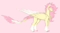 Size: 973x546 | Tagged: safe, artist:starlitartican, imported from derpibooru, fluttershy, pegasus, pony, blaze (coat marking), coat markings, colored hooves, colored wings, facial markings, female, leonine tail, mare, pink background, profile, redesign, simple background, smiling, socks (coat marking), socks (coat markings), solo, tail feathers, wings