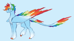 Size: 1135x632 | Tagged: safe, artist:starlitartican, imported from derpibooru, rainbow dash, pegasus, pony, blaze (coat marking), blue background, coat markings, colored hooves, colored wings, colored wingtips, facial markings, female, leonine tail, mare, multicolored wings, profile, rainbow wings, redesign, short hair, simple background, smiling, socks (coat marking), socks (coat markings), solo, tail feathers, wings