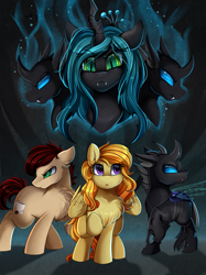 Size: 2595x3472 | Tagged: safe, artist:pridark, imported from derpibooru, queen chrysalis, oc, oc:fine roast, oc:spindle (unchanging love), oc:sweet leaf, changeling, earth pony, pegasus, windigo, fanfic:unchanging love, fanfic:unending love, changeling oc, commission, cutie mark, disguise, disguised changeling, fanfic, fanfic art, fanfic cover, high res, raised hoof, swarm