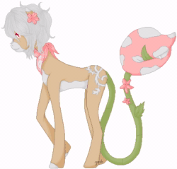 Size: 420x401 | Tagged: safe, artist:mondobutt, imported from derpibooru, oc, oc:bloom, oc:blossom, monster pony, original species, piranha plant pony, plant pony, augmented tail, flower, flower in hair, gif, licking, licking lips, neckerchief, non-animated gif, pixel art, plant, raised hoof, simple background, tongue out, transparent background