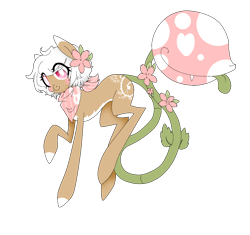 Size: 1622x1525 | Tagged: safe, artist:pudgyplushie, imported from derpibooru, oc, oc:bloom, oc:blossom, monster pony, original species, piranha plant pony, plant pony, augmented tail, fangs, female, flower, flower in hair, neckerchief, plant, raised hoof, simple background, smiling, tongue out, transparent background