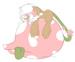 Size: 2053x1699 | Tagged: safe, artist:pennydropshop, imported from derpibooru, oc, oc:bloom, oc:blossom, monster pony, original species, piranha plant pony, plant pony, augmented tail, fangs, female, flower, flower in hair, hoof fluff, lying down, plant, simple background, tired, tongue out, transparent background