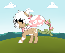 Size: 2488x2060 | Tagged: safe, artist:invaderandrea, imported from derpibooru, oc, oc:bloom, oc:blossom, monster pony, original species, piranha plant pony, plant pony, augmented tail, cloud, eyes closed, female, flower, flower in hair, licking, outdoors, plant, raised hoof, smiling, tongue out