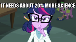 Size: 640x357 | Tagged: safe, edit, edited screencap, imported from derpibooru, screencap, sci-twi, spike, spike the regular dog, twilight sparkle, dog, equestria girls, rainbow rocks, 20% cooler, caption, clothes, female, glasses, image macro, lab coat, male, paws, science, scientist, solo, text, that pony sure does love science