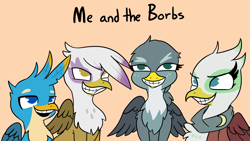 Size: 2190x1232 | Tagged: safe, artist:tjpones, imported from derpibooru, gabby, gallus, gilda, greta, griffon, birb, borb, clothes, faic, female, male, me and the boys, meme, open mouth, ponified meme, scarf, simple background, smiling, teeth, text