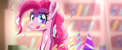 Size: 1000x413 | Tagged: safe, artist:astril, imported from derpibooru, pinkie pie, earth pony, pony, bookshelf, female, licking, licking lips, mare, messy mane, smiling, solo, tongue out