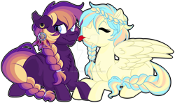 Size: 1600x944 | Tagged: safe, artist:missbramblemele, artist:missmele-madness, imported from derpibooru, oc, oc only, oc:indigo, oc:oasis (azure art wave), earth pony, pegasus, pony, braid, braided tail, female, mare, simple background, tongue out, transparent background