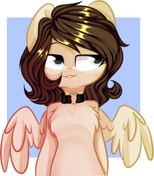 Size: 2000x2285 | Tagged: safe, artist:thieftea, imported from derpibooru, oc, oc only, oc:staffie, pegasus, pony, abstract background, chest fluff, collar, solo