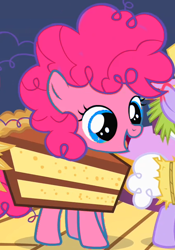 Size: 420x600 | Tagged: safe, edit, edited screencap, imported from derpibooru, screencap, pinkie pie, earth pony, pony, season 1, the cutie mark chronicles, cake, cake costume, clothes, costume, cropped, female, filly, food, food costume, recolor, smiling, solo focus