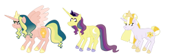 Size: 1280x416 | Tagged: safe, artist:crownofslime, artist:php138, imported from derpibooru, oc, alicorn, pony, unicorn, alicorn oc, babyverse, crown, hair bun, horn, jewelry, magical lesbian spawn, next generation, offspring, parent:lightning dust, parent:princess celestia, parent:rainbow dash, parent:saffron masala, parent:somnambula, parent:twilight sparkle, parents:saffrondash, princess, regalia, royalty, simple background, transparent background, wings