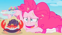 Size: 1280x720 | Tagged: safe, imported from derpibooru, screencap, pinkie pie, crab, human, equestria girls, equestria girls series, too hot to handle, clothes, faceplant, female, nailed it, open mouth, snowcone, steam, steamy, swimsuit, youtube link