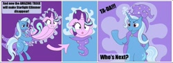 Size: 1280x464 | Tagged: safe, artist:vacuumvorer, imported from derpibooru, starlight glimmer, trixie, cape, clothes, comic, dialogue, hat, hat vore, magic, magic trick, sucking in, text, trixie's cape, trixie's hat