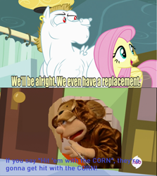 Size: 640x717 | Tagged: safe, edit, edited screencap, imported from derpibooru, screencap, bulk biceps, fluttershy, rainbow falls, season 4, exploitable meme, hit 'em with the corn!, jeffy, meme, monkey costume, replacement meme, supermariologan, vein