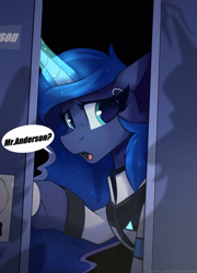 Size: 1350x1875 | Tagged: safe, artist:shadowreindeer, imported from derpibooru, princess luna, alicorn, pony, connor, connor luna, crossover, detroit, detroit: become human, dialogue, female, open mouth, solo, speech bubble