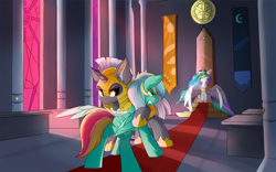 Size: 1920x1200 | Tagged: safe, artist:lunar froxy, imported from derpibooru, princess celestia, oc, oc:typh, oc:typhoon, alicorn, pegasus, unicorn, angry, armor, banner, castle, eyes closed, gritted teeth, royal guard, throne