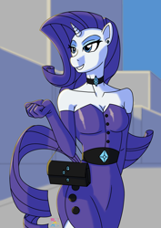 Size: 2048x2891 | Tagged: safe, artist:rickardt, imported from derpibooru, rarity, anthro, unicorn, abstract background, breasts, choker, cleavage, female, high res, purse, solo