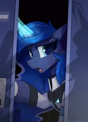 Size: 1350x1875 | Tagged: safe, alternate version, artist:shadowreindeer, imported from derpibooru, princess luna, pony, connor, connor luna, crossover, detroit: become human, female, glowing horn, horn, mare, open mouth, rk900, shadow, solo