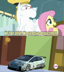 Size: 1000x1120 | Tagged: safe, edit, edited screencap, imported from derpibooru, screencap, bulk biceps, fluttershy, rainbow falls, caption, car, exploitable meme, gran turismo, image macro, meme, racecar, replacement meme, text, toyota, toyota prius, vein