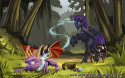 Size: 1280x800 | Tagged: safe, artist:kirillk, imported from derpibooru, oc, oc:nyx, alicorn, dragon, pony, sheep, unicorn, alicorn oc, crossover, duo, female, forest, gem, hooves, horn, lasso, male, nature, purple hair, rearing, rope, slit pupils, spyro the dragon, spyro the dragon (series), tail, wings